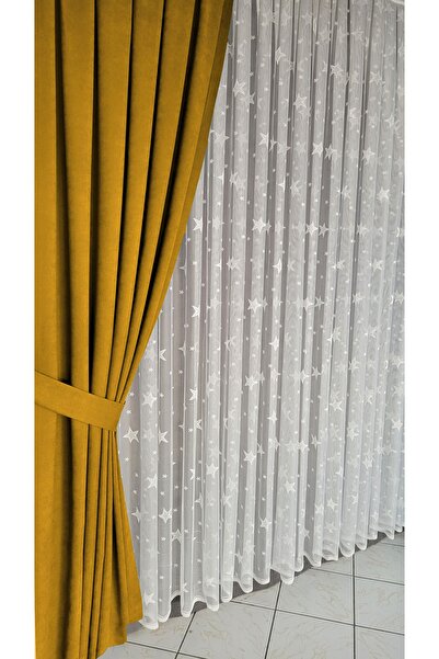 Yuka Diamond Double Wing Mustard Velvet Textured Closely Pleated Plain Island Background Curtain Plain 80 x 260