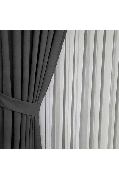 Yuka Diamond Double Wing Anthracite Velvet Textured Sparse Pleated Plain Island Background Curtain Plain 80 X 250