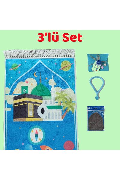PAWWY Children's Prayer Rug Prayer Rug Set Prayer Beads Skullcap Prayer Set Blue Prayer Rug