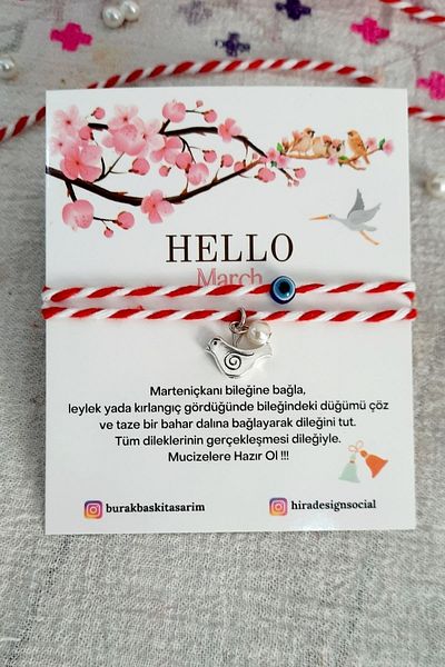 Burak Baskı Tasarım سوار Marteniçka مكون من 5 قطع مع أشكال الطيور واللؤلؤ الزجاجي وخرز العين الشريرة، الحظ، الرغبات، سلسلة مارس باللونين الأحمر والأبيض