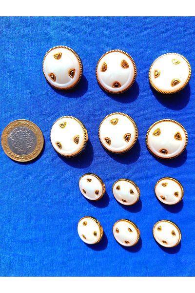 yörük tuhafiye White, mother-of-pearl, Gold Metalized Ornamented Button, 2.5 Cm Large 12 Pieces. Coat, Top Coat, Jacket Button No.14
