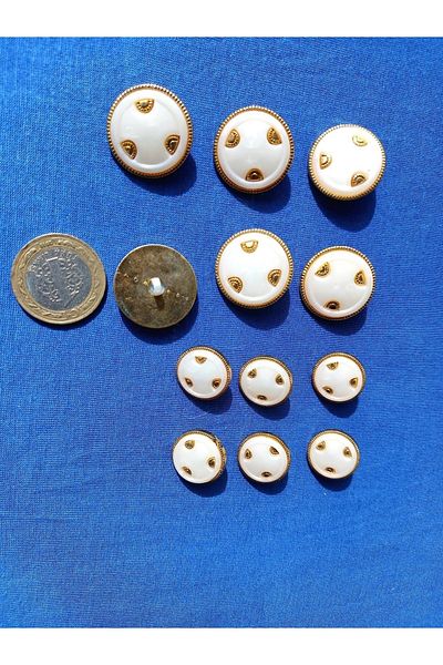yörük tuhafiye White, mother-of-pearl, Gold Metalized Ornamented Button, 2.5 Cm Large 12 Pieces. Coat, Top Coat, Jacket Button No.14