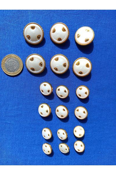 yörük tuhafiye White, mother-of-pearl, Gold Metalized Ornamented Button, 2.5 Cm Large 18 Pieces. Coat, Top Coat, Jacket Button No.15