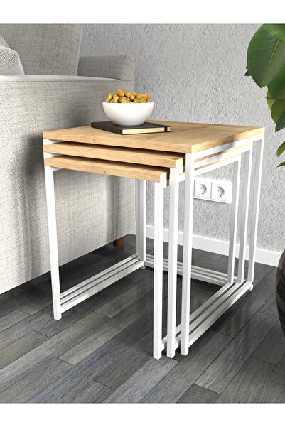 KODIGU Martina Zigon Sehpa | Atlantik Çam | Beyaz Ayaklı | 45x45-45x40-45x35