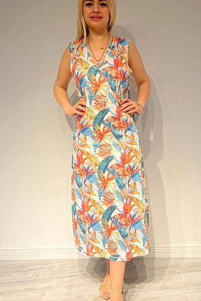 AYASOFYA OTANTIK Women's White Flower Patterned V-Neck Sleeveless Combed Cotton Dress with Two Side Slits