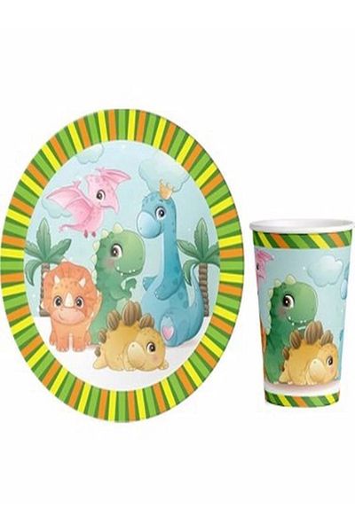 DÜVENCİ TİCARET Dinosaur Plate Cup Set 8 Pieces