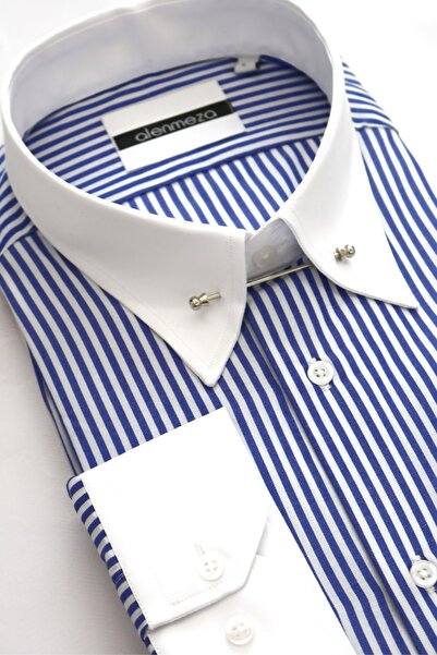 alenmeza Erkek Mavi Beyaz Çizgili Beyaz Iğneli Yakalı Casual Kolay Ütülenebilir Cepsiz Modern Fit Gömlek