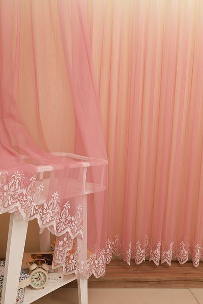 perhal perde ve halı Gradient Color Gradient Pink Skirts, Embroidered Inner Tulle and Background Complete Set, Pleated Tulle Curtain