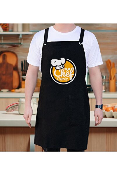 Bk Gift Kişiye Özel Isimli Chef Tasarımlı Profesyonel Siyah Mutfak Önlüğü, Aş...
