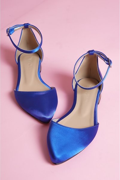 DURUNUN BUTİĞİ Folder Cobalt Blue Satin Ankle Strap Pointed Toe Daily Ballet Flats