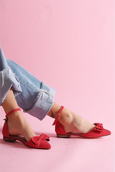 DURUNUN BUTİĞİ Folder Kırmızı Puantiyeli Bilekten Bantlı Sivri Burun Günlük Babet