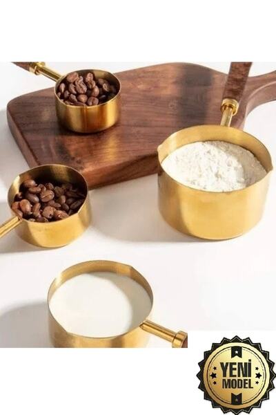HUBBYCHEF Gold Ölçü Kaşığı Seti 4lü Ahşap Saplı Ölçü Kabı