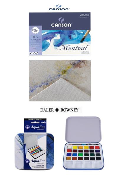 GLANCE Daler Rowney Aquafine 24'lü Yarım Tablet Suluboya Seti Canson Montval ...