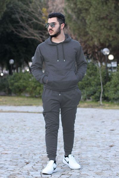 han elegant Σετ ανδρική αθλητική φόρμα με κουκούλα βαμβακερή τσέπη καγκουρό