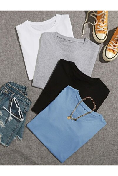 LOUİSA Unisex 4-Pack Black-white-grey-baby Blue Plain Oversize Crew Neck T-shirt