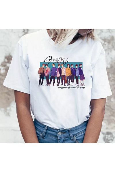 WEARTEX Berceste Straykids Printed White Oversized T-shirt