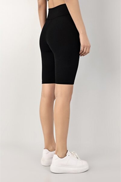 MODA UGS Siyah Fitilli Seamles Kısa Şort Tayt Yüksek Bel Örme Biker Sportayt Toparlayıcı
