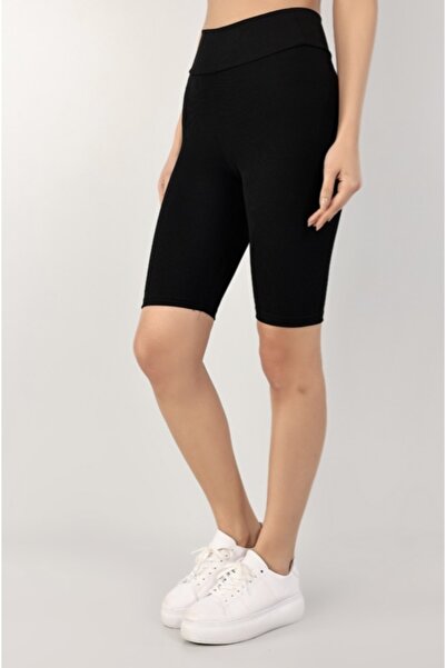 MODA UGS Siyah Fitilli Seamles Kısa Şort Tayt Yüksek Bel Örme Biker Sportayt Toparlayıcı