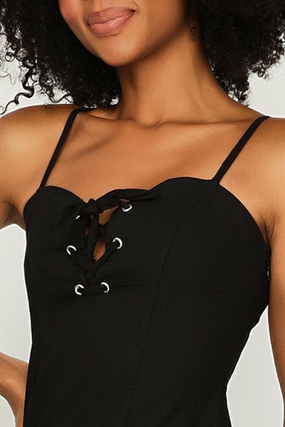 Select Moda Rochie mini denim neagră de damă cu detaliu de frânghie pe guler