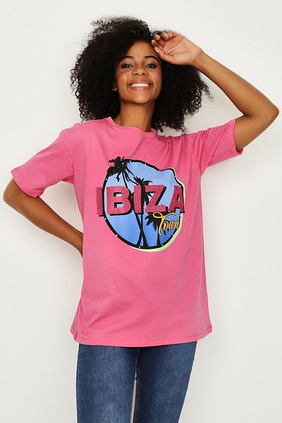 Select Moda Women's Fuchsia Print Detailed T-shirt
