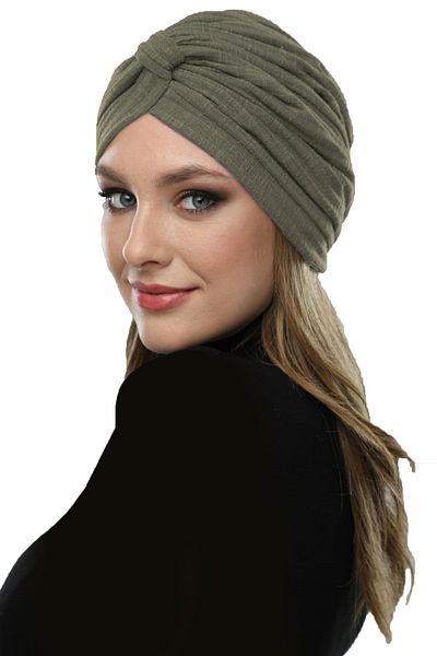 fidan bone Cotton Banded Cross Lined Army Green Ready-Made Turban Hijab Pool Cap
