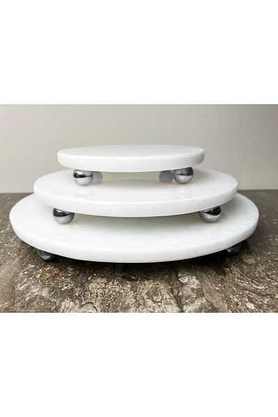 Modestmarluxury Natural Plain White Marble Round 3-Piece Presentation Set Silver Ball Leg Plain White
