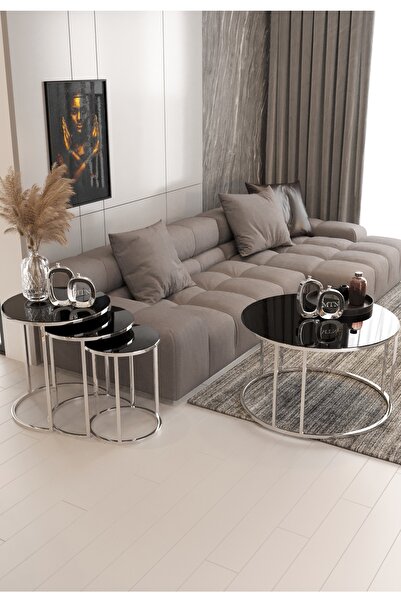 Nies Aksesuar Armoni 4'lü Sehpa Gümüş Ayak Siyah Cam