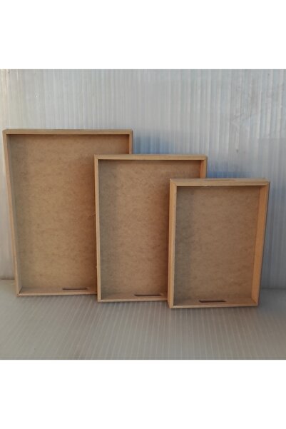 Güllü Ahşap Ahşap Boyanabilir Dikdörtgen 3’lü Tepsi Seti