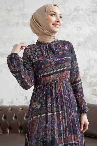 InStyle Viera Paisley Patterned Chiffon Dress with Belted Collar - Black