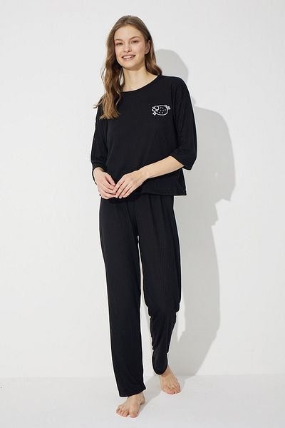 Siyah İnci Black Soft Touch Fine Knitted Embroidered Pajama Set