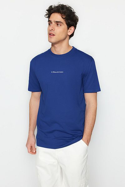 Trendyol Collection Indigó minimál mintás 100% pamut póló - TMNSS23TS00205