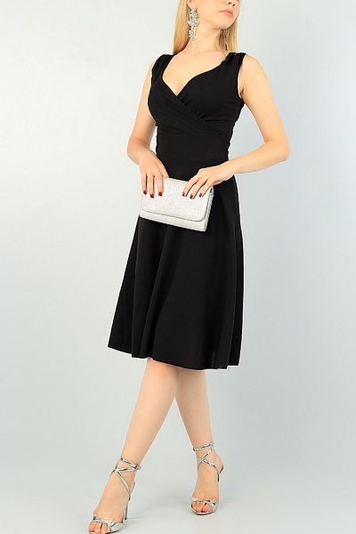 NKTCOLLECTİON Rochie de damă din țesătură creponată neagră cu guler dublu, lungime midi, evazată