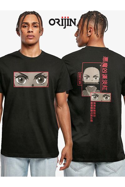 Orijin Tekstil Demon Slayer Nezuko Kamado Front Back Printed Unisex Black T-shirt