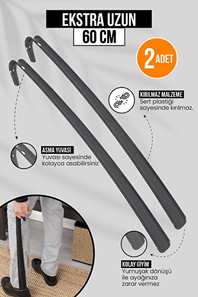 Orvila 2 Adet - Antrasit 60 Cm Ayakkabı Çekeceği | Sert Plastik Asılabilir Çekecek Yumuşak Kerata Uzun