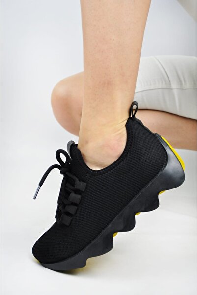 İmerShoes Жіночі чорно-жовті кросівки на шнурівці з трикотажною вставкою та т...