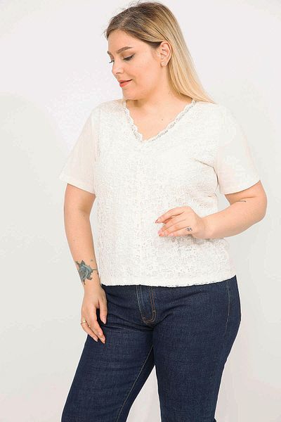 Şans Women's Bone Plus Size Cotton Fabric Front Lined Lace Blouse 65n35791