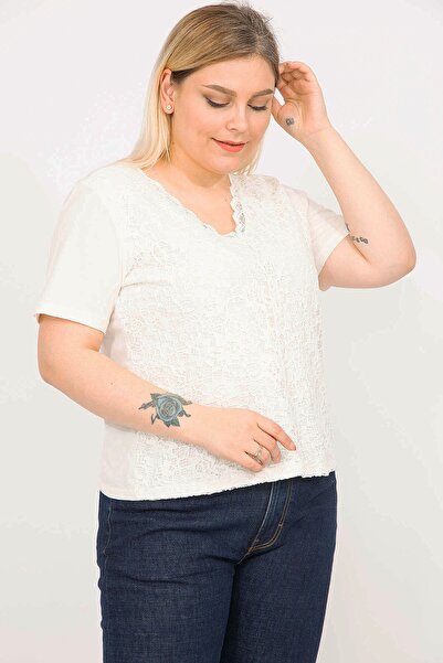 Şans Women's Bone Plus Size Cotton Fabric Front Lined Lace Blouse 65n35791