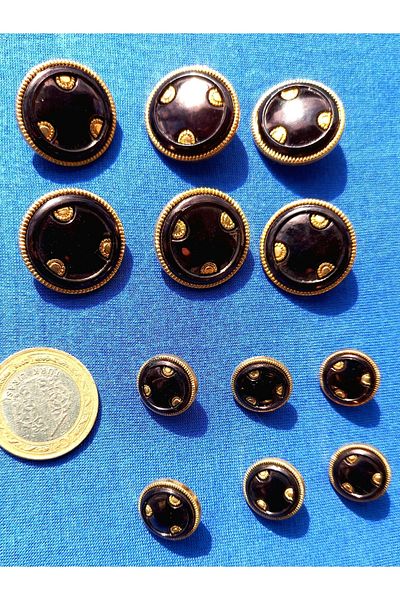 yörük tuhafiye Black, mother-of-pearl, Gold Metalized Ornamented, 2.5 Cm Large 12 Buttons. Coat, Topcoat, Jacket Button No.13