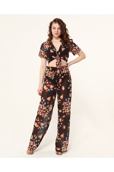 Bolder Nico Schwarzes Strandhosen-Crop-Set mit Dahlienmuster