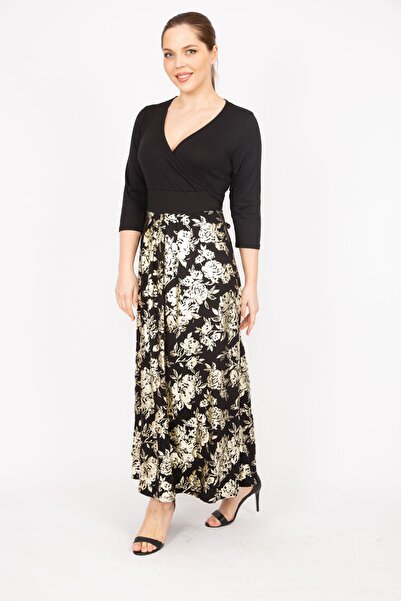 Şans Women's Black Plus Size Wrap Collar Skirt Dore Printed Dress 65n35824
