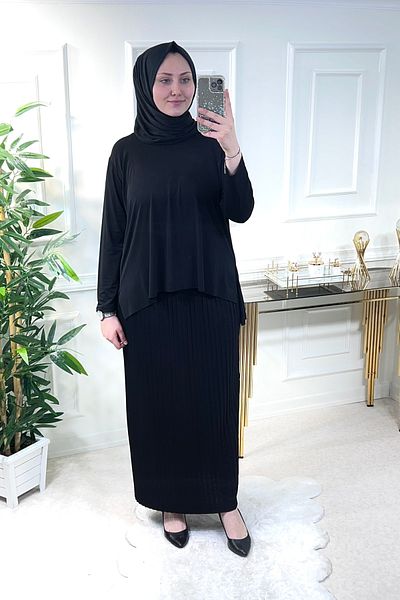 Aşkı Endam Large Size Acacia Laser Cut Pleated Skirt Suit - Black