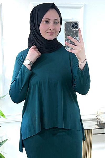 Aşkı Endam بدلة تنورة مطوية مقاس كبير من أكاسيا مقطوعة بالليزر - زمردي