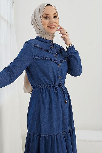 InStyle Rochie de denim cu volane - Albastru închis