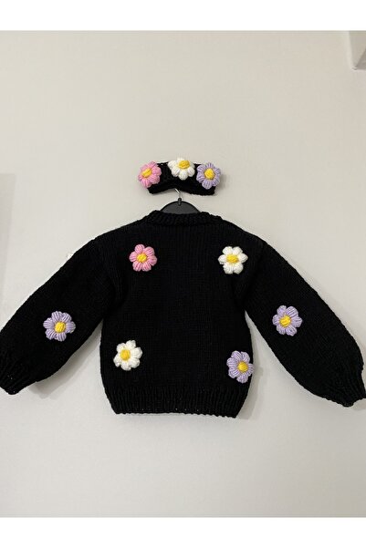 EL ÖRGÜSÜ CİCİ BEBE El Örgüsü Çiçekli Bebek Kız Siyah Hırka