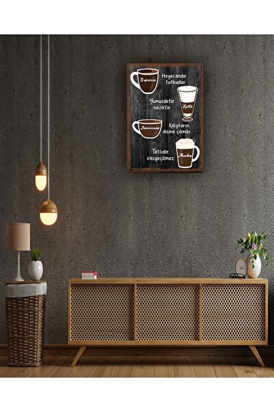 kutuTR Kahve Çeşitleri Siyah Çerçeve Görünümlü Ahşap Duvar Tablosu A4 - Kahve...