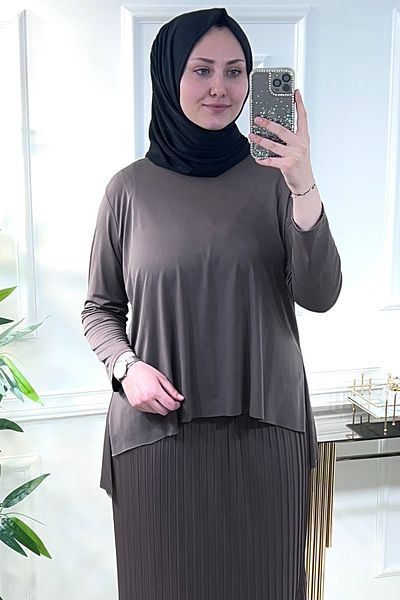 Aşkı Endam طقم تنورة بطيات مقاس كبير من أكاسيا مقطوع بالليزر - بني