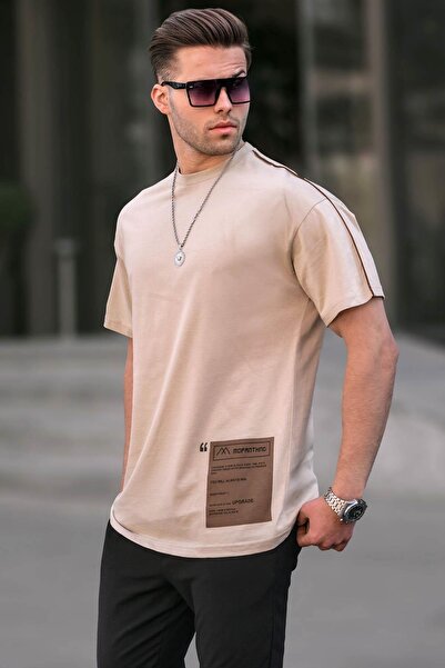 Madmext Ανδρικό μπλουζάκι με μπεζ στάμπα Over Fit 6111