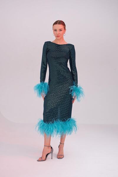 Mozto Patrice Feather Blue Long Dress