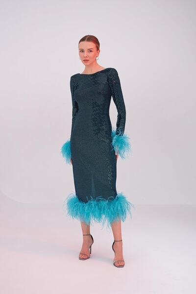 Mozto Patrice Feather Blue Long Dress