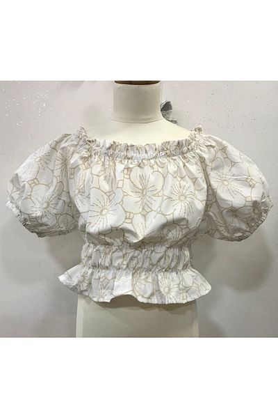 Çikoby Girl's Balloon Sleeves Beige Printed Crop